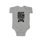Heather gray baby bodysuit with 'Next Gen Gamer' gaming controller graphic