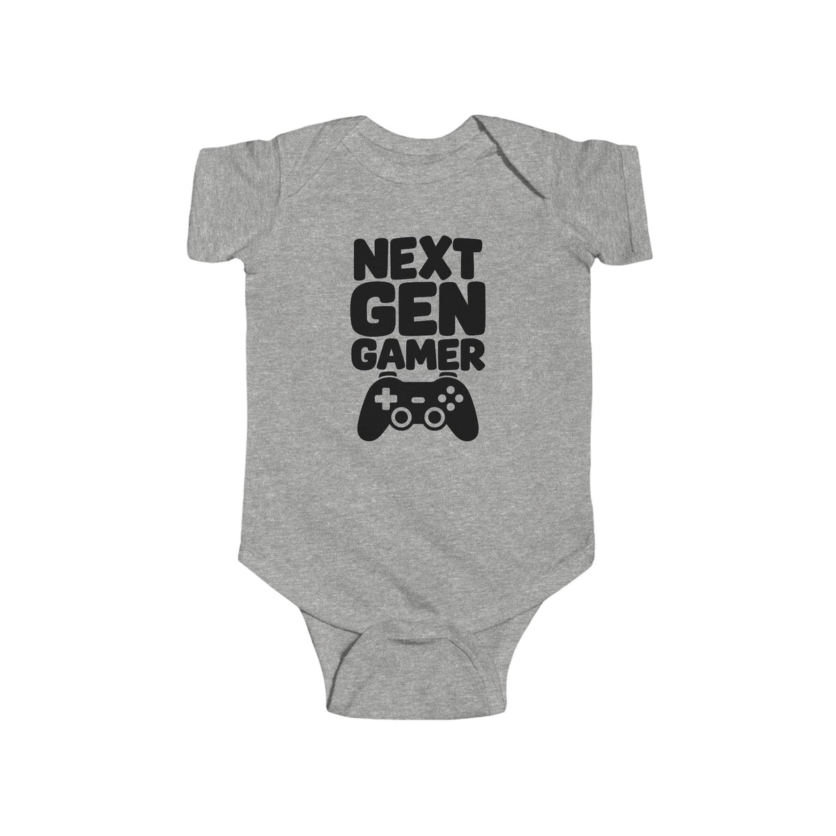 Heather gray baby bodysuit with 'Next Gen Gamer' gaming controller graphic