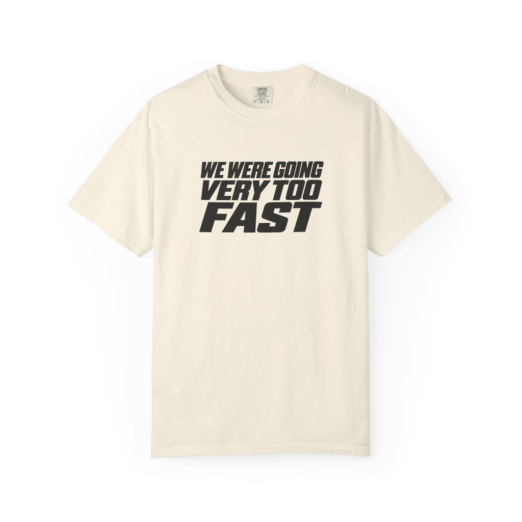Ivory T-shirt with bold dark slogan graphic on the front