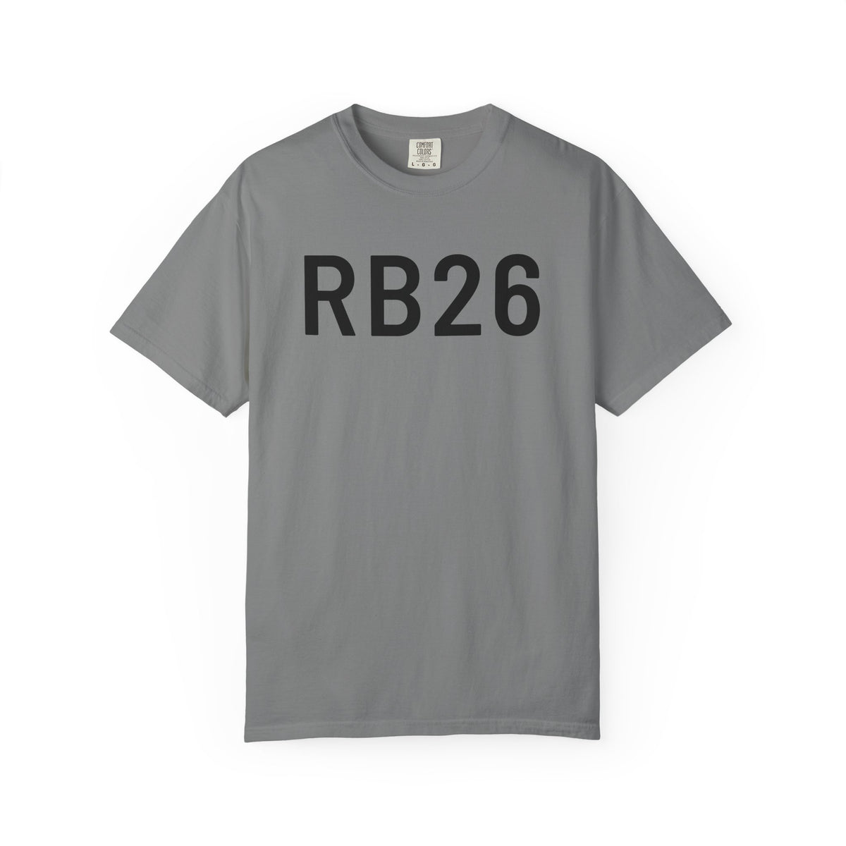 Grey crew-neck T-shirt with black RB26 graphic on the front.
