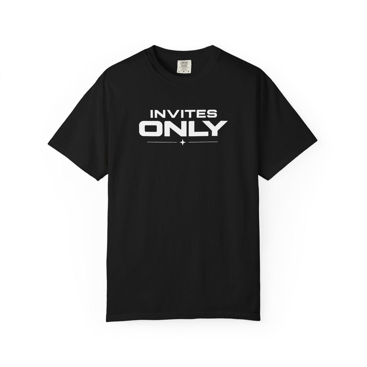 Black crew-neck T-shirt with white 'INVITES ONLY' front graphic