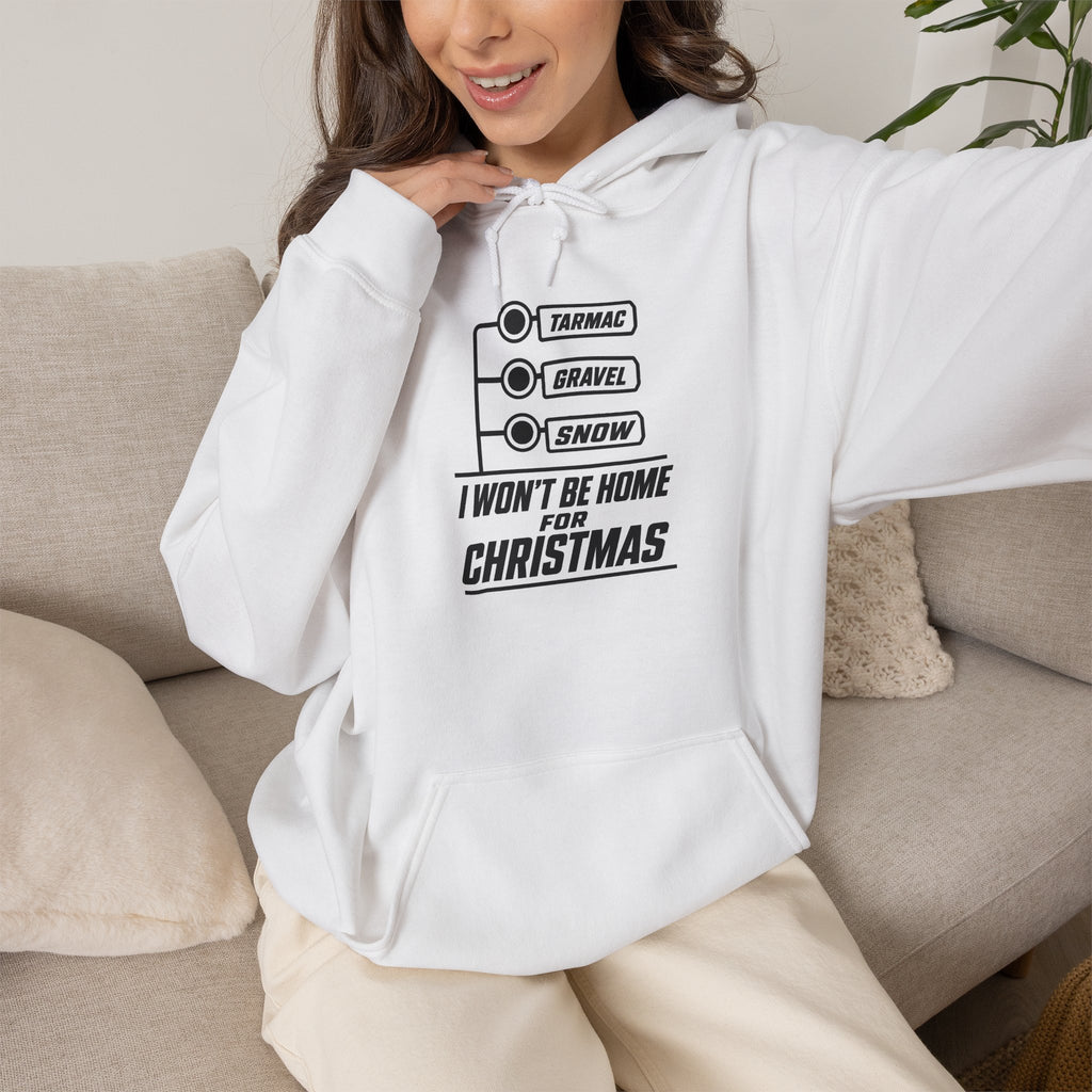 White hoodie on a person, front graphic and drawstring hood visible.