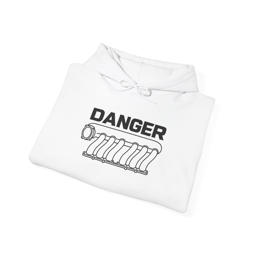 White pullover hoodie with “DANGER” and engine graphic on the front