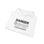 White pullover hoodie with “DANGER” and engine graphic on the front