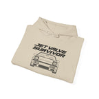 Sand beige pullover hoodie with large front car graphic and drawstring hood