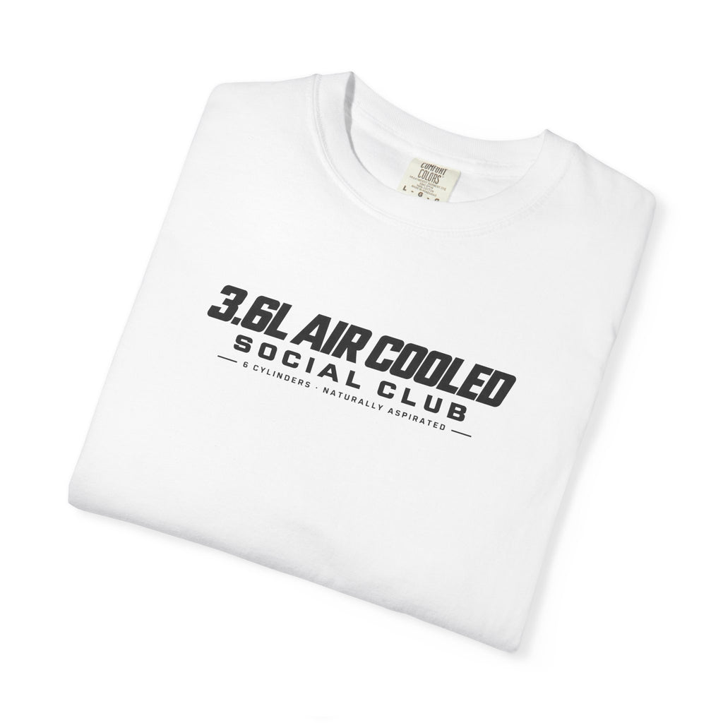 White T-shirt with “3.6L AIR COOLED SOCIAL CLUB” front logo and small tagline