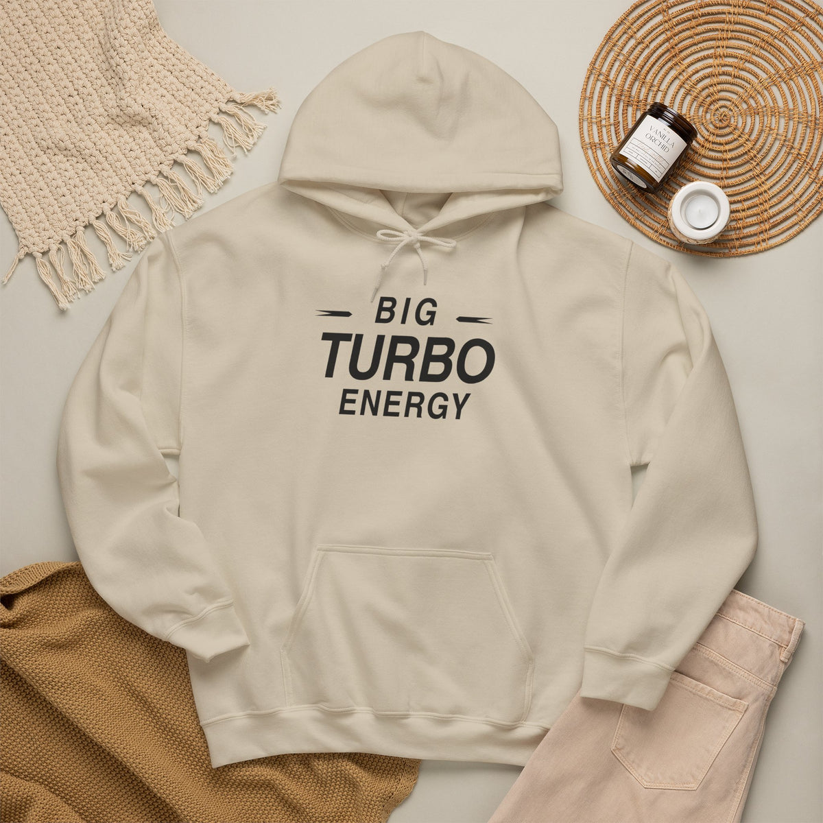 Sand pullover hoodie front view with "BIG TURBO ENERGY" graphic and front pocket