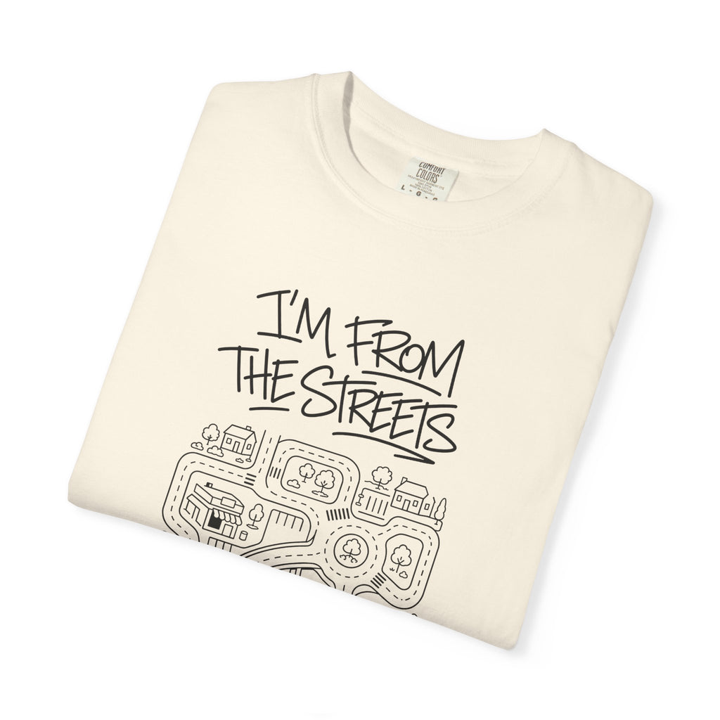 Ivory T-shirt with "I'm From The Streets" street-map logo graphic on front