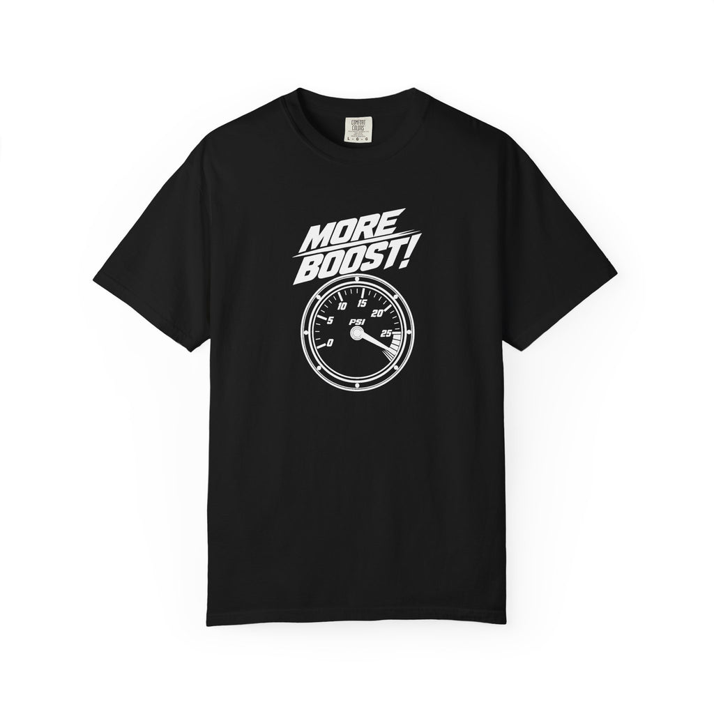 Black crewneck T-shirt with 'More Boost!' stopwatch graphic on the chest