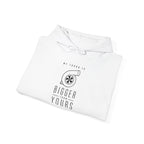 White hoodie with drawstring hood and 'BIGGER THAN YOURS' front logo graphic