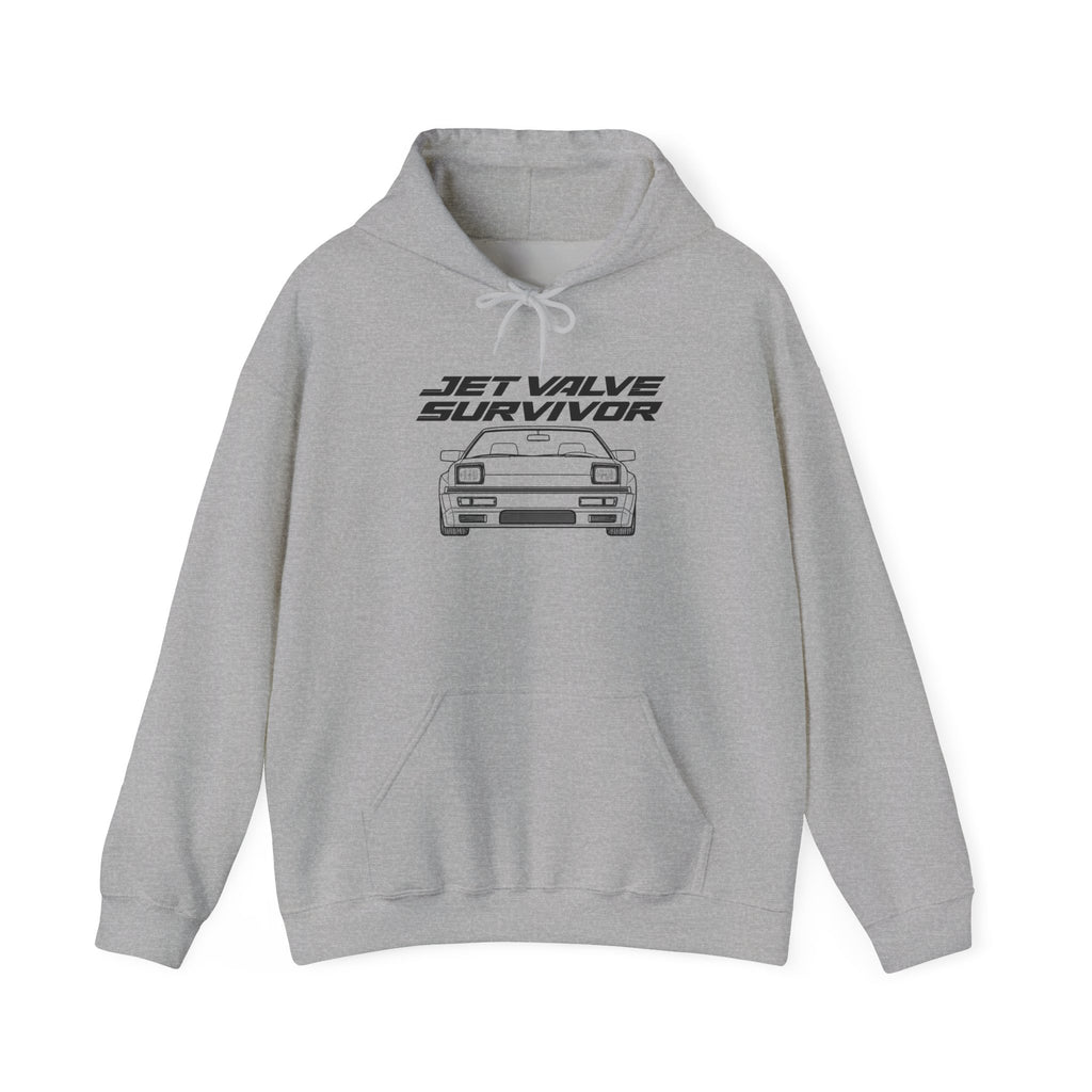 Light gray pullover hoodie with front kangaroo pocket, drawstring hood, and car logo graphic