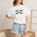 Model wearing a white crew-neck 60-130 Club T-shirt