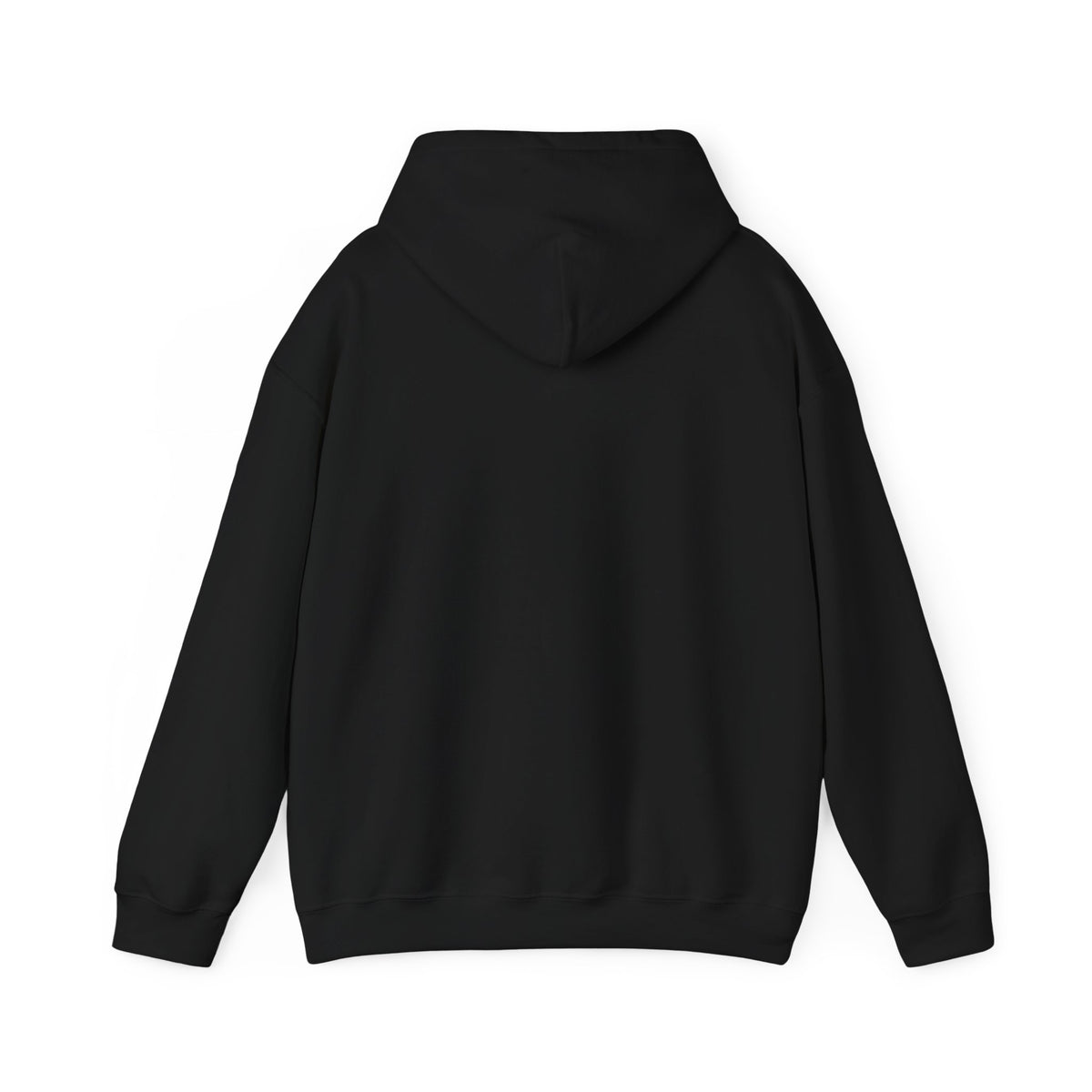 Black hoodie back view with hood and ribbed cuffs