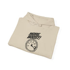 Sand pullover hoodie folded flat with “More Boost!” graphic and hood ties