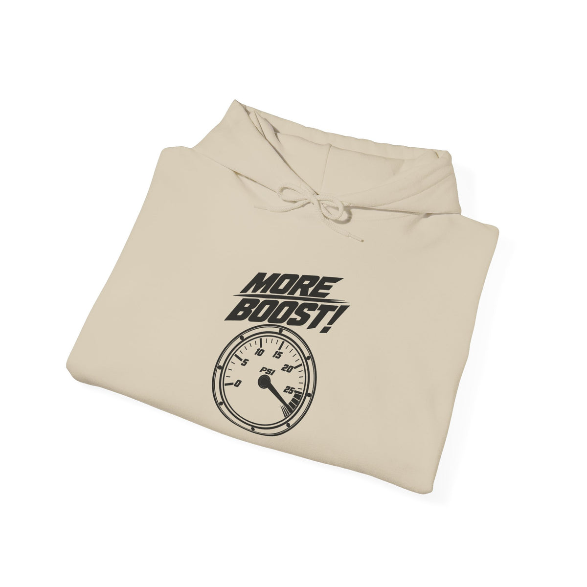 Sand pullover hoodie folded flat with “More Boost!” graphic and hood ties
