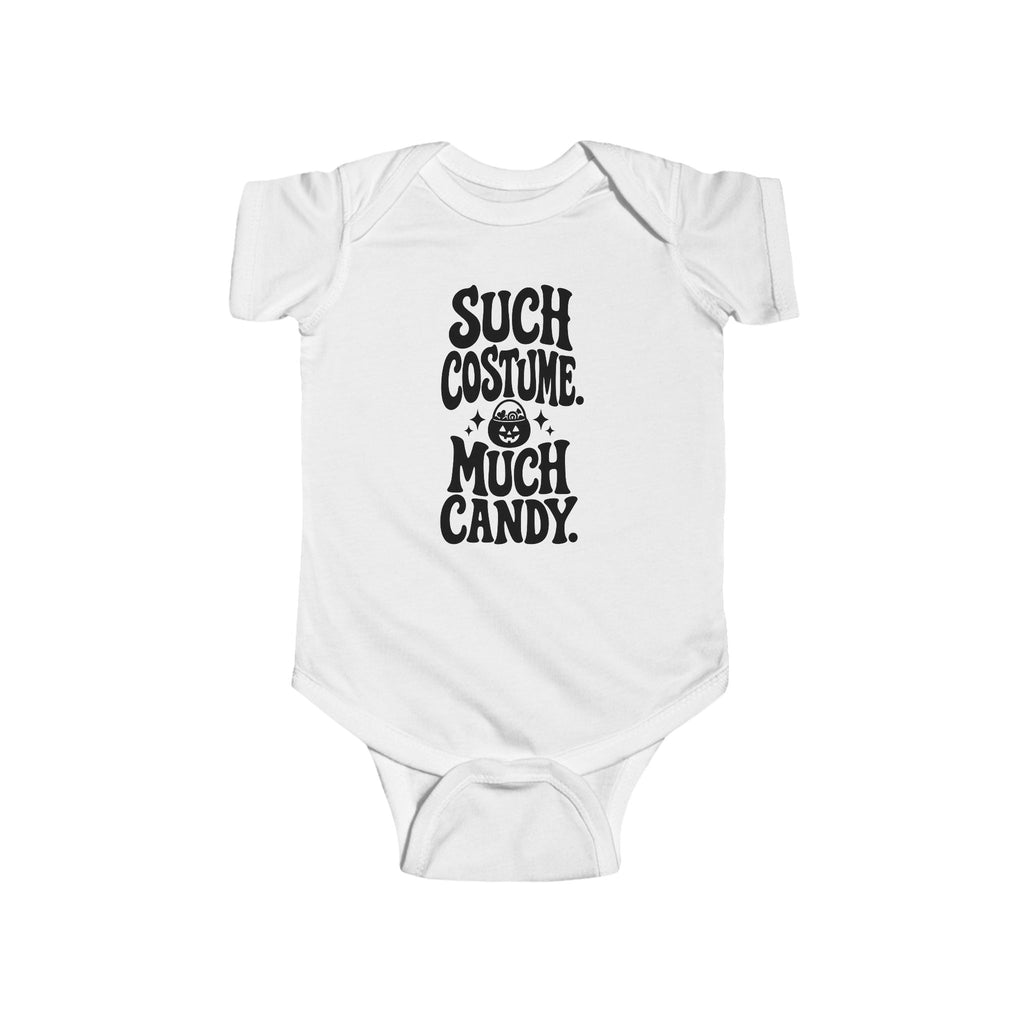 White baby bodysuit with black “SUCH COSTUME. MUCH CANDY.” graphic on front