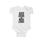 White baby bodysuit with black “SUCH COSTUME. MUCH CANDY.” graphic on front