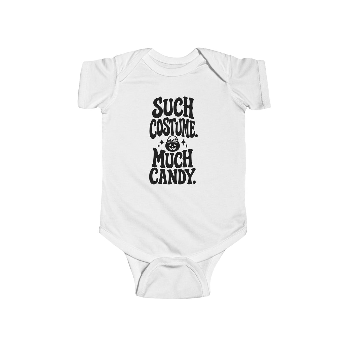 White baby bodysuit with black “SUCH COSTUME. MUCH CANDY.” graphic on front