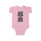 Pink baby bodysuit with black “SUCH COSTUME. MUCH CANDY.” graphic on front