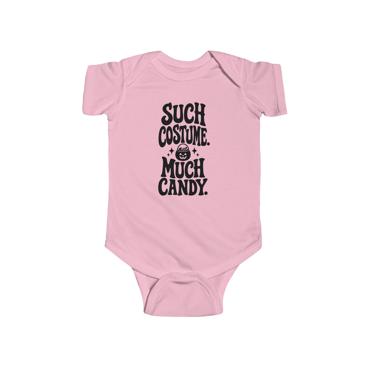 Pink baby bodysuit with black “SUCH COSTUME. MUCH CANDY.” graphic on front