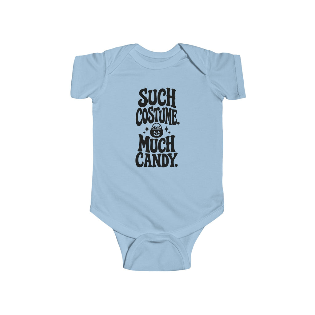 Light blue baby bodysuit with black “SUCH COSTUME. MUCH CANDY.” graphic on front