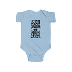 Light blue baby bodysuit with black “SUCH COSTUME. MUCH CANDY.” graphic on front