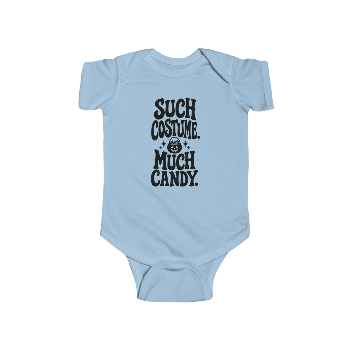 Light blue baby bodysuit with black “SUCH COSTUME. MUCH CANDY.” graphic on front