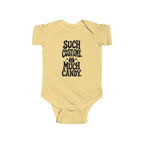 Butter yellow baby bodysuit with black “SUCH COSTUME. MUCH CANDY.” graphic on front