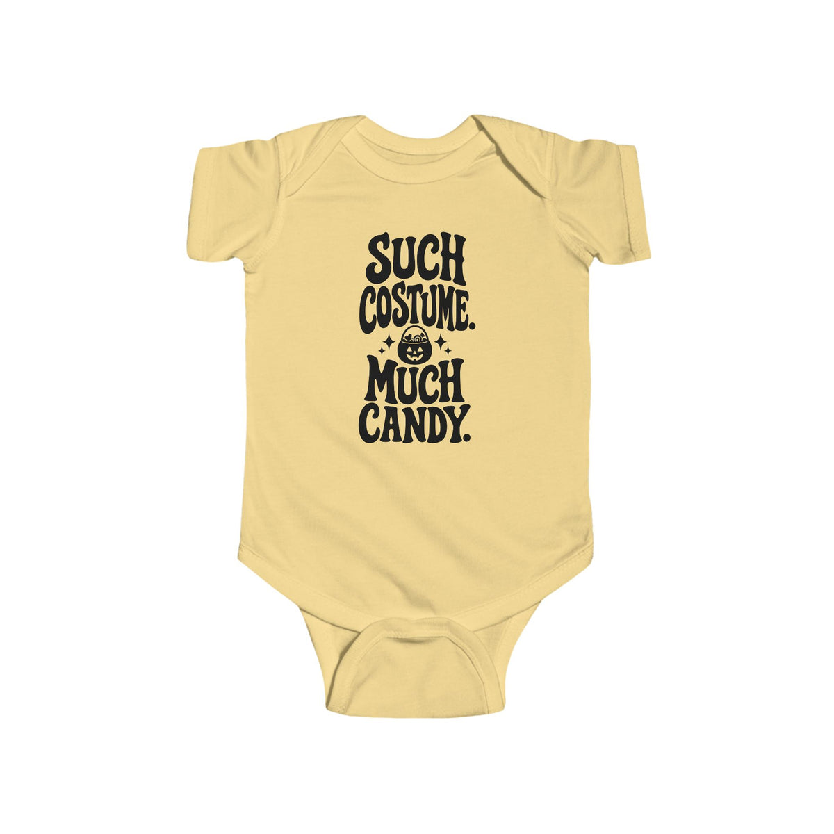 Butter yellow baby bodysuit with black “SUCH COSTUME. MUCH CANDY.” graphic on front