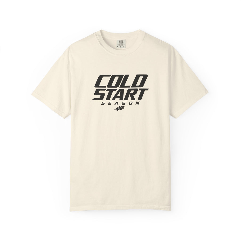 Ivory graphic T-shirt with "COLD START SEASON" logo on the front