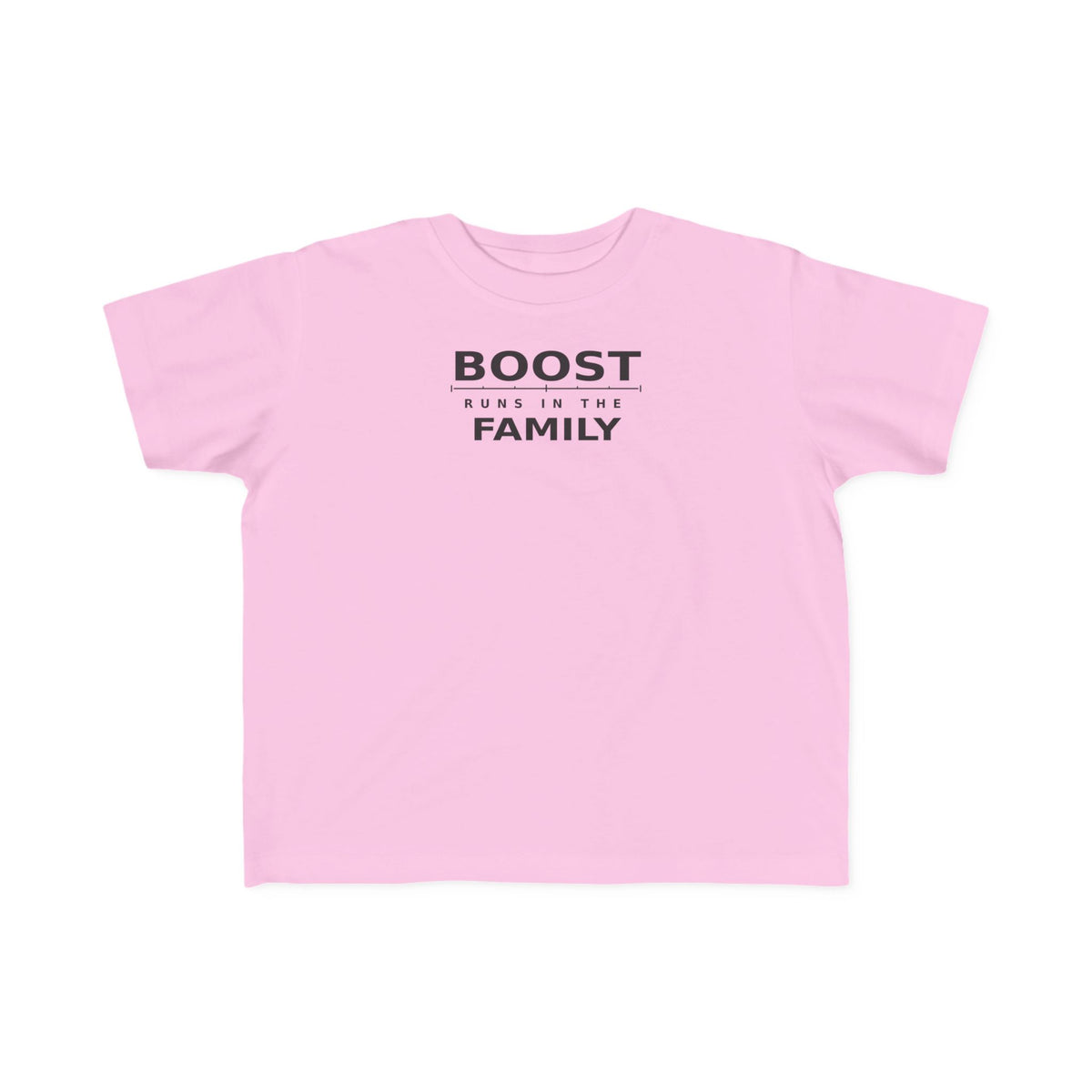 Toddler T-shirt in pink with “BOOST RUNS IN THE FAMILY” graphic on front