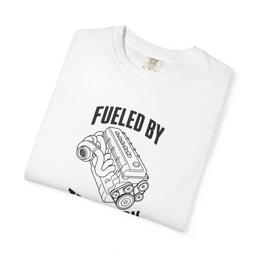 White T-shirt with large 'Fueled by Tradition' engine graphic, crew neck