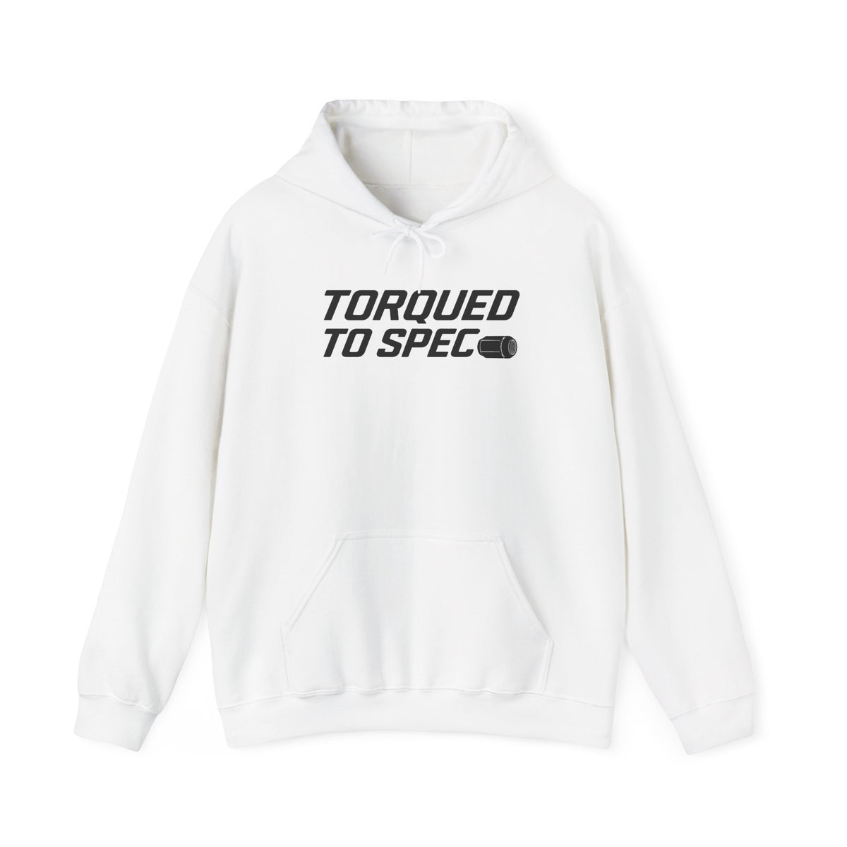 White hoodie with drawstring hood and front pocket, TORQUED TO SPEC logo print