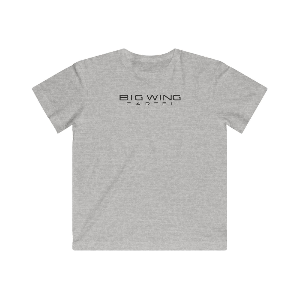 Kids heather gray T-shirt with Big Wing Cartel chest logo graphic