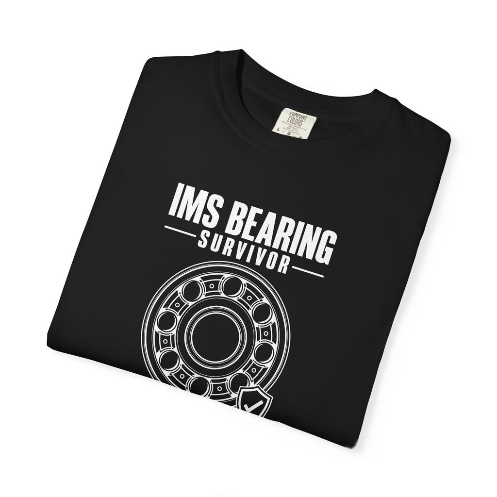 Black crew-neck T-shirt with front 'IMS BEARING SURVIVOR' wheel graphic