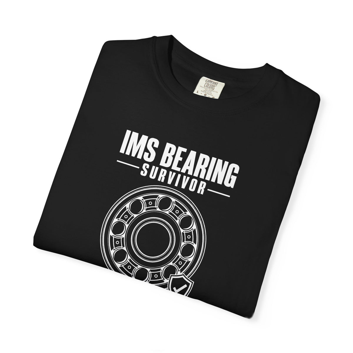 Black crew-neck T-shirt with front 'IMS BEARING SURVIVOR' wheel graphic
