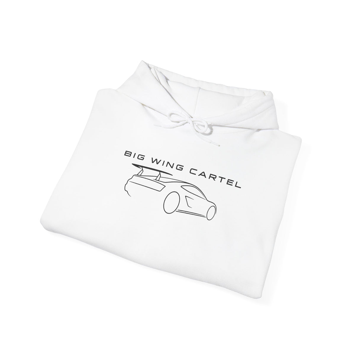 White folded hoodie with BIG WING CARTEL car graphic, hood with drawstring