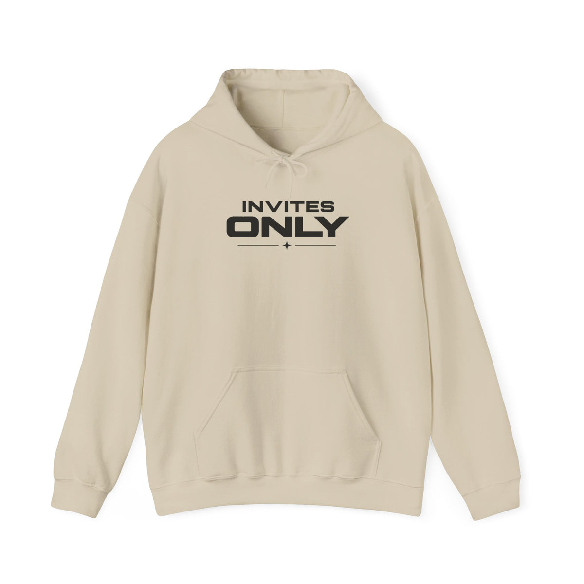 Sand color hoodie with drawstring hood and front "INVITES ONLY" logo print