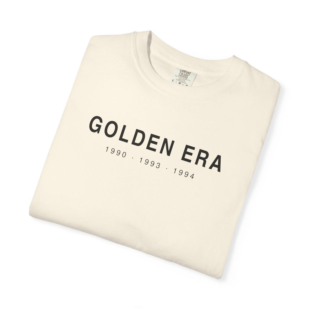 Ivory crewneck t-shirt with GOLDEN ERA text and year graphic across chest