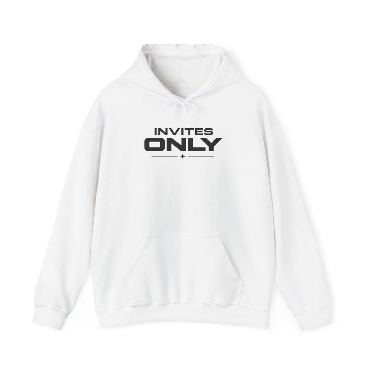 White hoodie with drawstring hood and front "INVITES ONLY" logo print