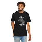 Black crewneck T-shirt with “Fueled by Tradition” engine graphic on front