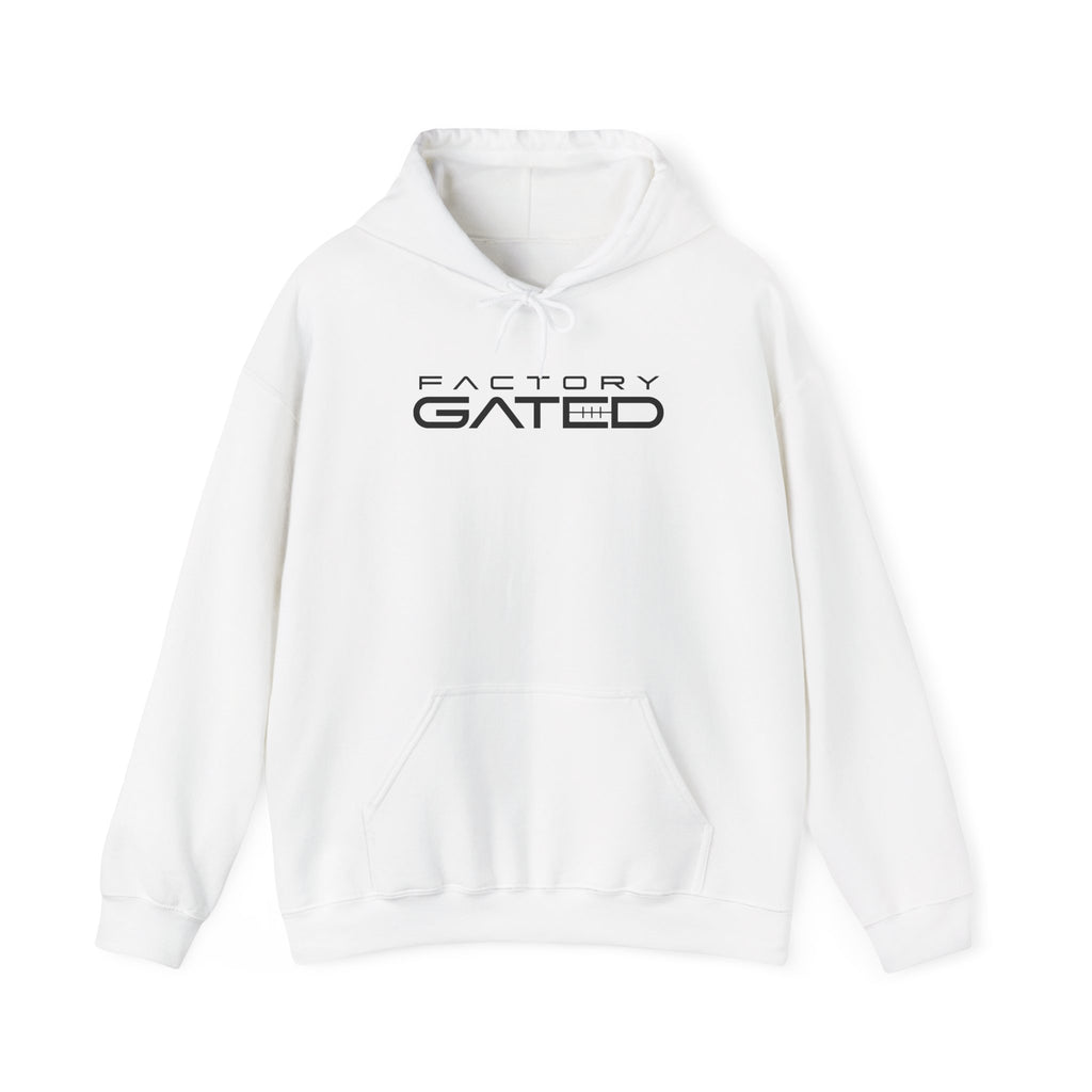 White pullover hoodie with kangaroo pocket, drawstring hood, Factory Gated logo.