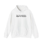 White pullover hoodie with kangaroo pocket, drawstring hood, Factory Gated logo.