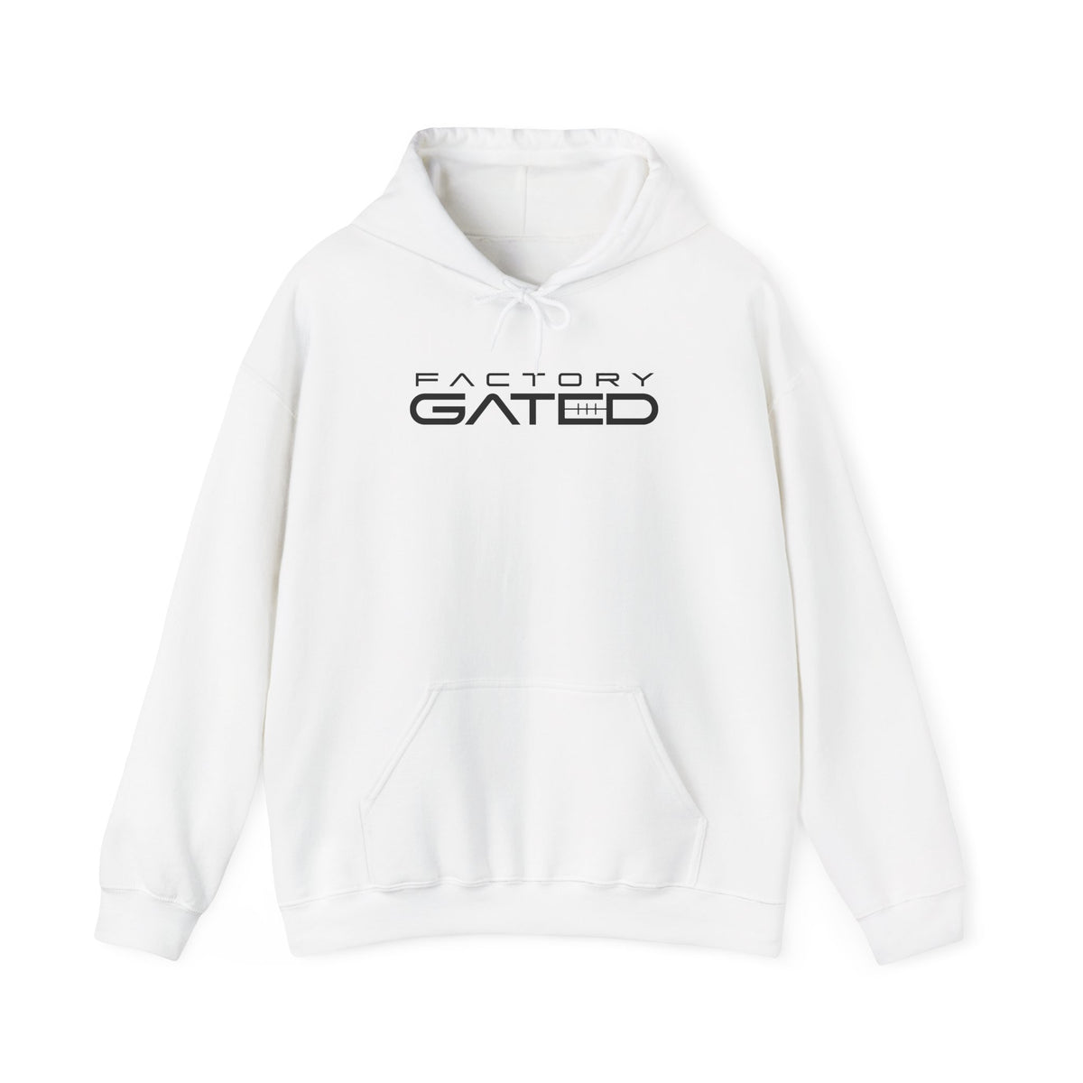 White pullover hoodie with kangaroo pocket, drawstring hood, Factory Gated logo.
