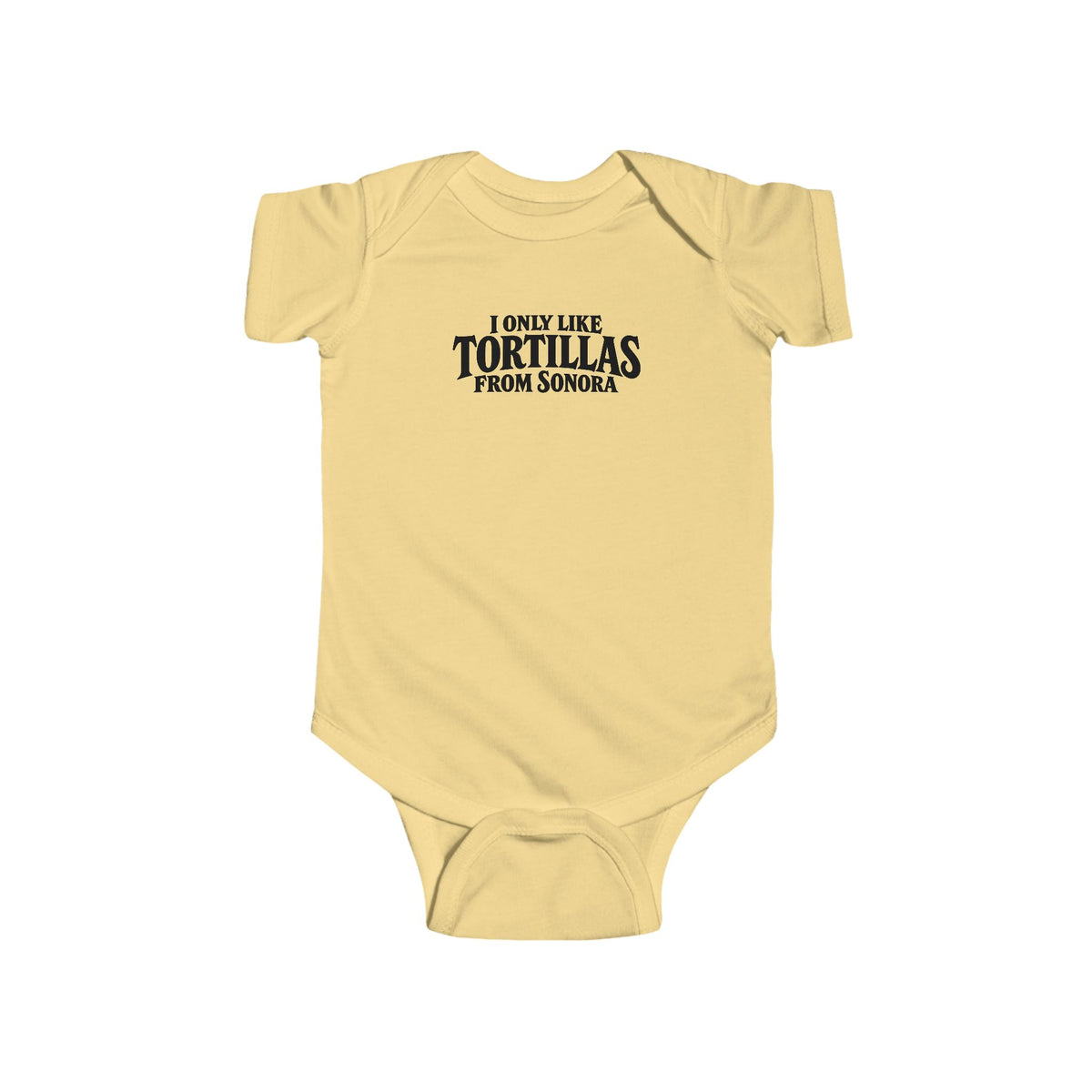 Baby bodysuit in butter yellow with front graphic text