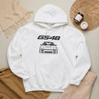 White pullover hoodie with GS48 logo and car graphic, front pouch pocket and drawstring hood