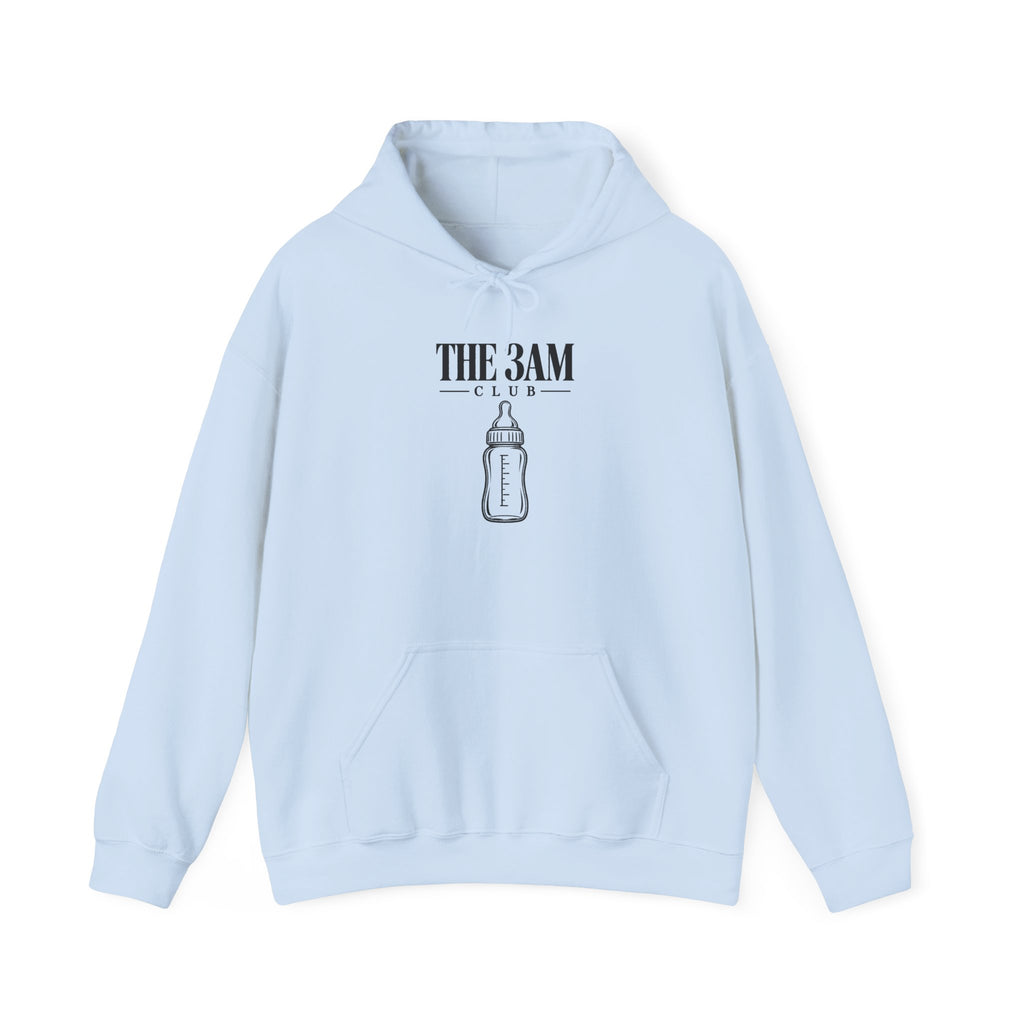 Baby pullover hoodie in light blue with “THE 3AM CLUB” bottle graphic on chest