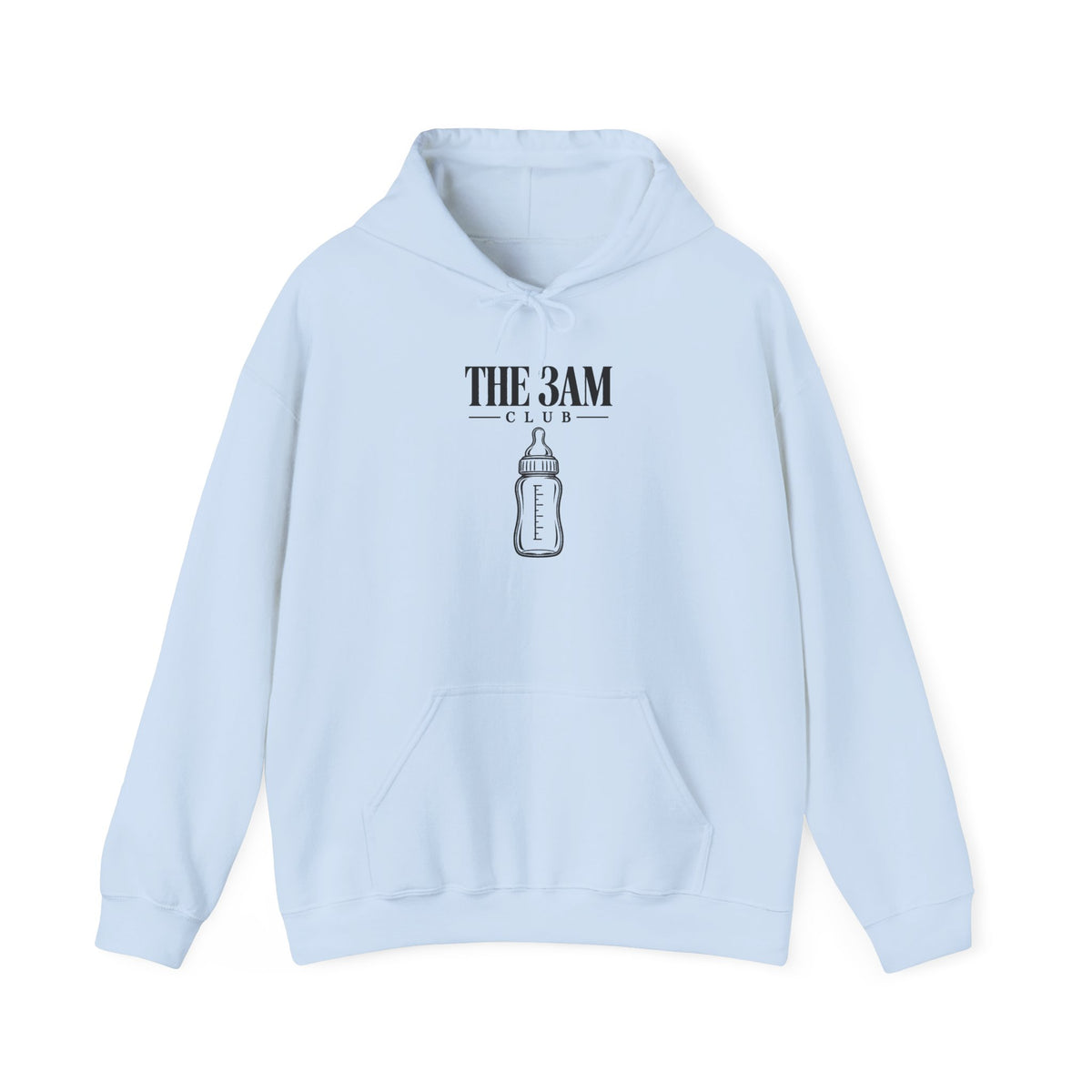 Baby pullover hoodie in light blue with “THE 3AM CLUB” bottle graphic on chest