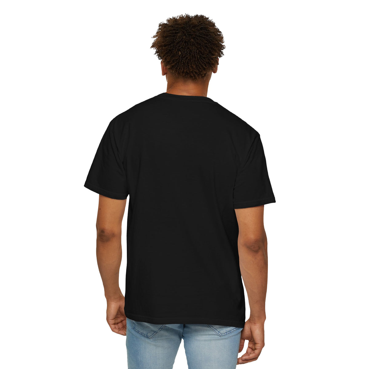 Black crew-neck T-shirt, back view, plain design