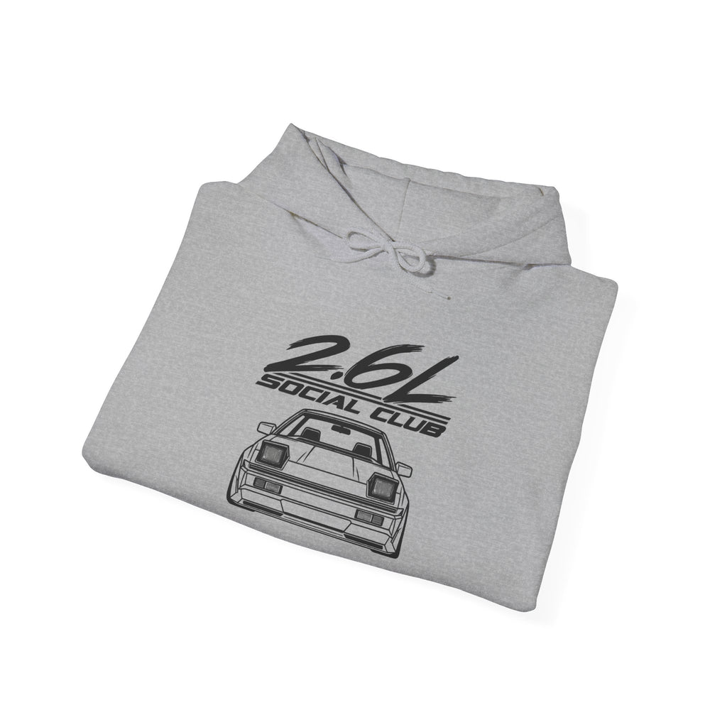 Sport grey hoodie folded, showing car logo graphic and drawstring hood